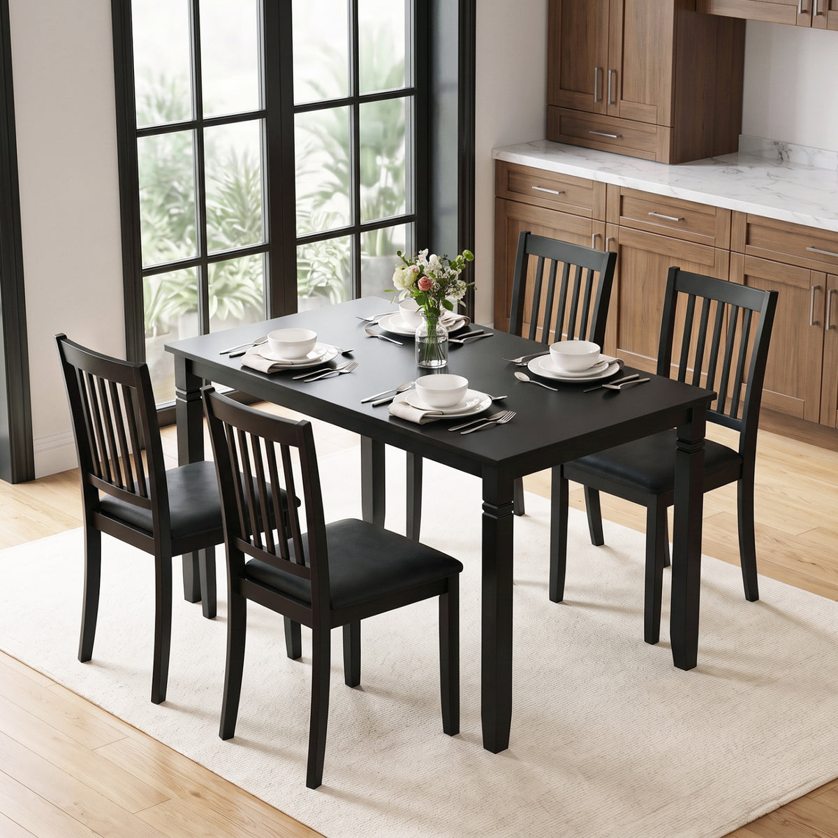 48" Rectangular Kitchen Table with Solid Rubber Wood Legs for Dining Room-Black