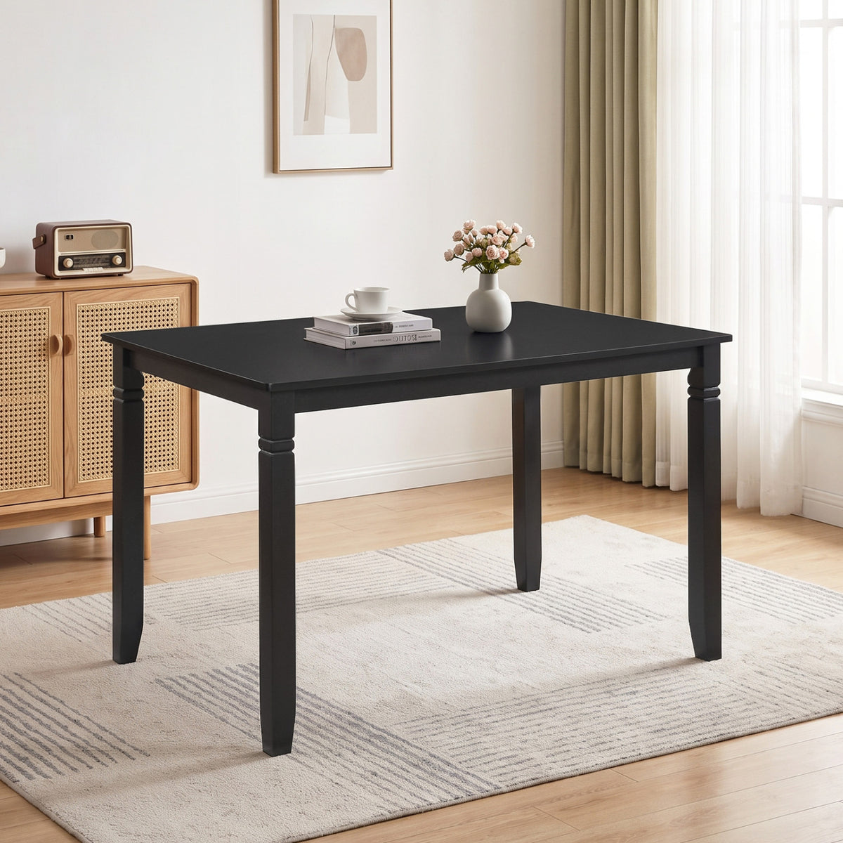 48" Rectangular Kitchen Table with Solid Rubber Wood Legs for Dining Room-Black