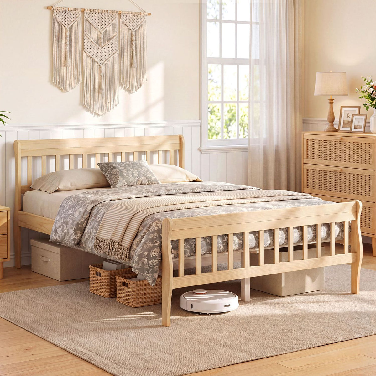 Solid Wood Platform Bed Frame with Headboard Wood Slat Support Natural