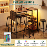 55" Drop-Leaf Counter Height Bar Table with LED Light and Remote Control for Small Space-Rustic Brown