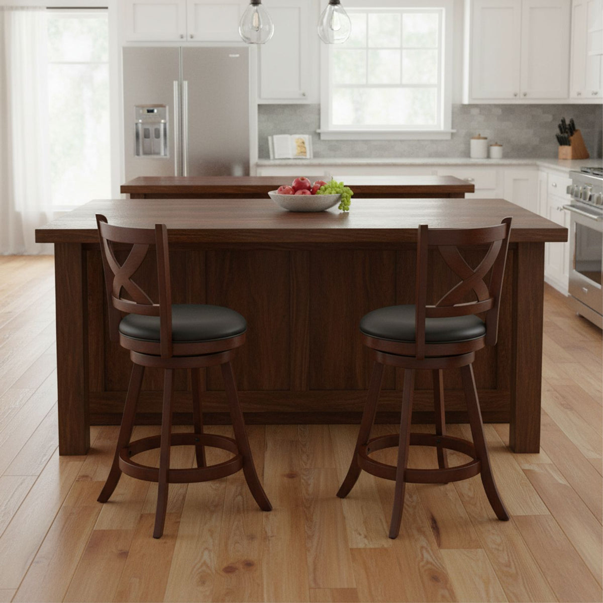 24" Counter Height Stools 2 PCS with Hollowed Backrest Swivel Padded Seat and Footrest-Espresso