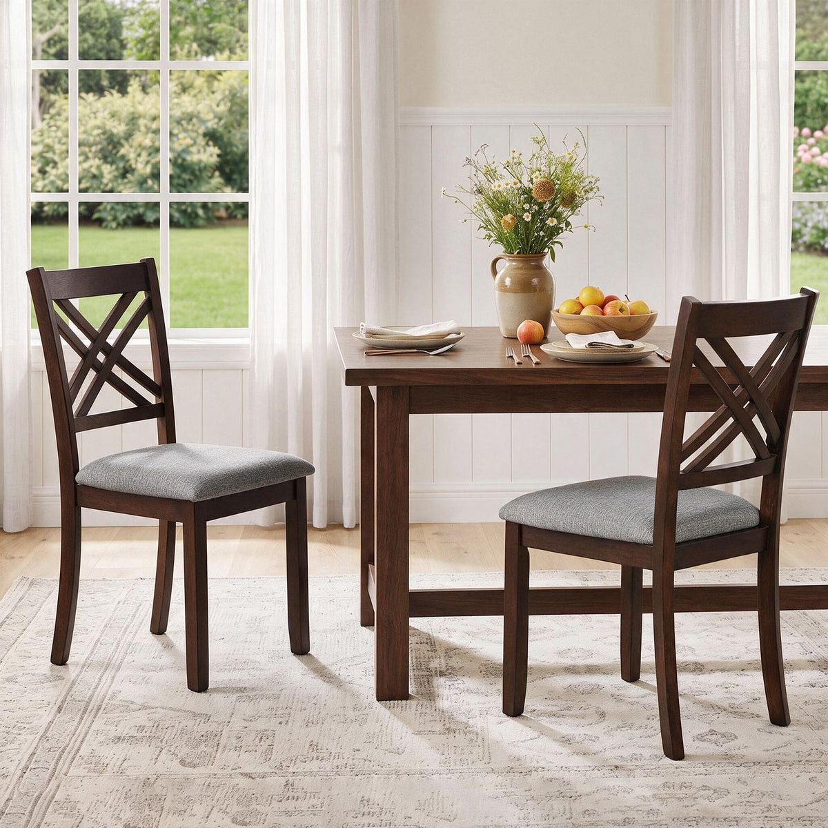 Wooden Dining Chairs Set of 2 with Fabric Padded Seat and Solid Rubber Wood for Kitchen