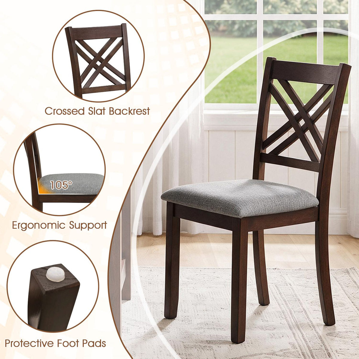 Wooden Dining Chairs Set of 2 with Fabric Padded Seat and Solid Rubber Wood for Kitchen