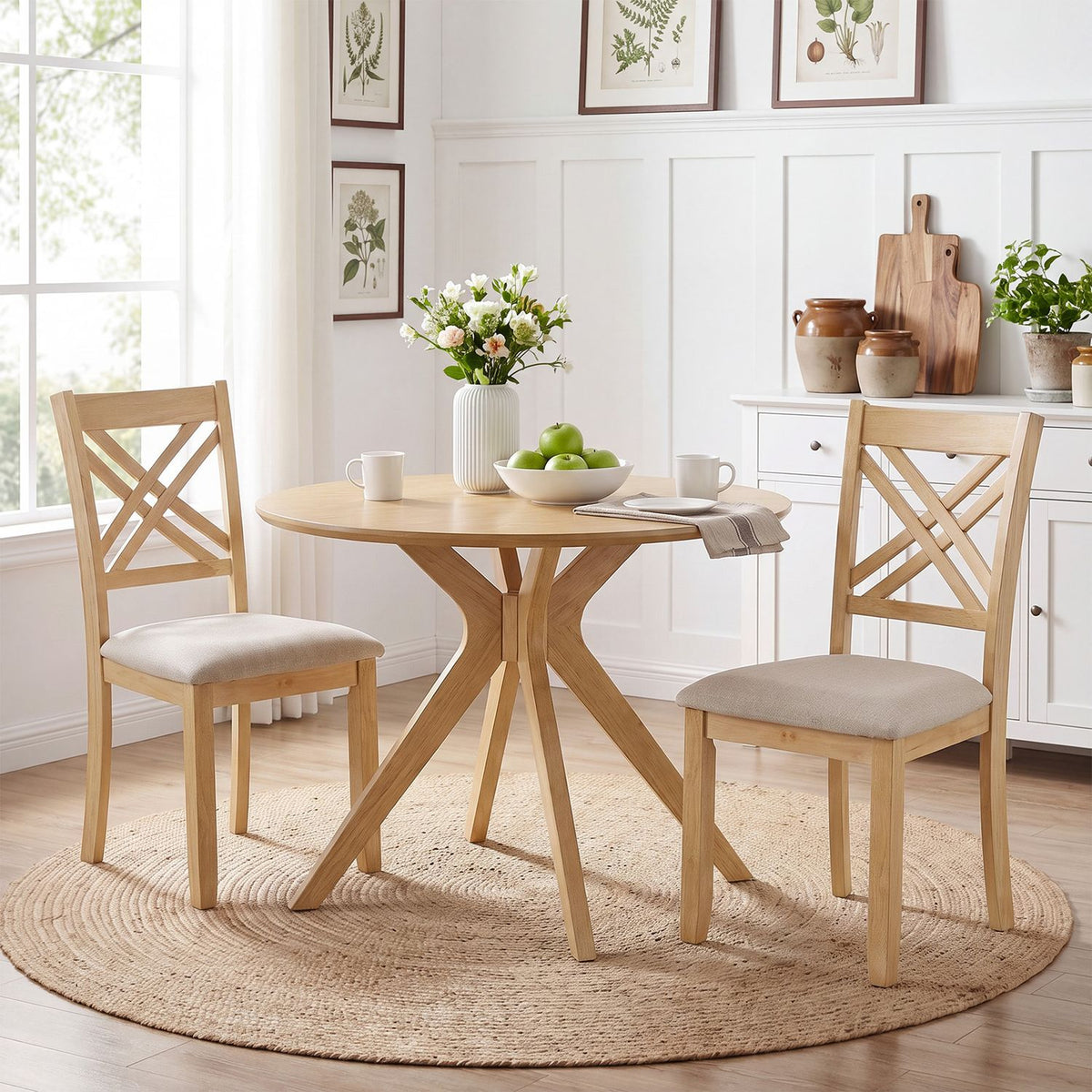 Wooden Dining Chairs Set of 2 with Fabric Padded Seat and Solid Rubber Wood for Kitchen