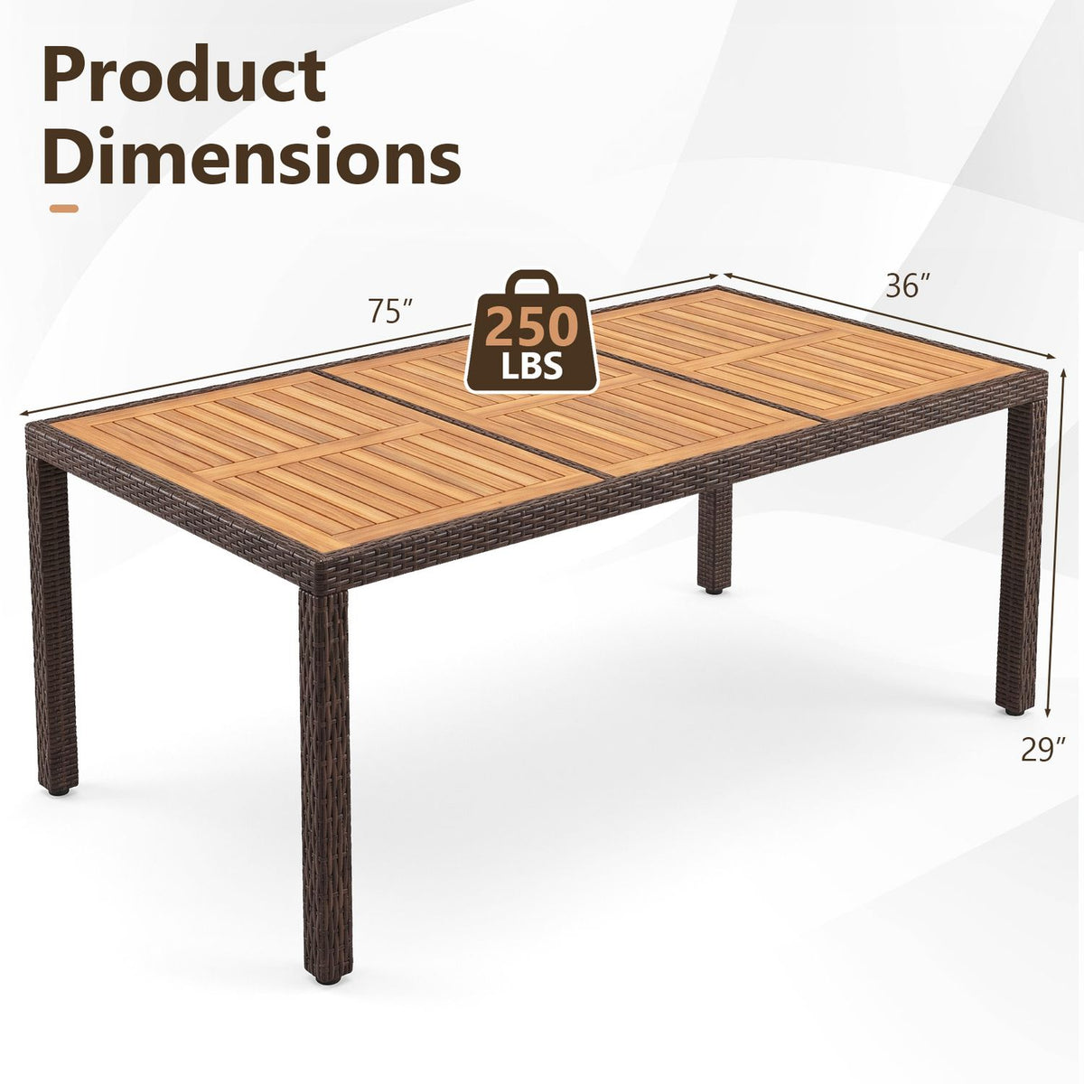 75" Rattan Patio Dining Table Acacia Wood Table for 8 People