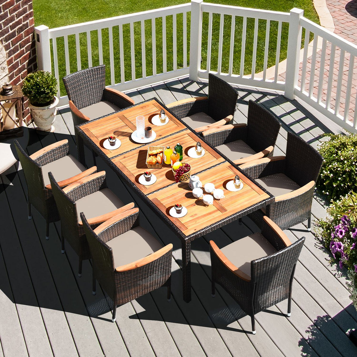 75" Rattan Patio Dining Table Acacia Wood Table for 8 People