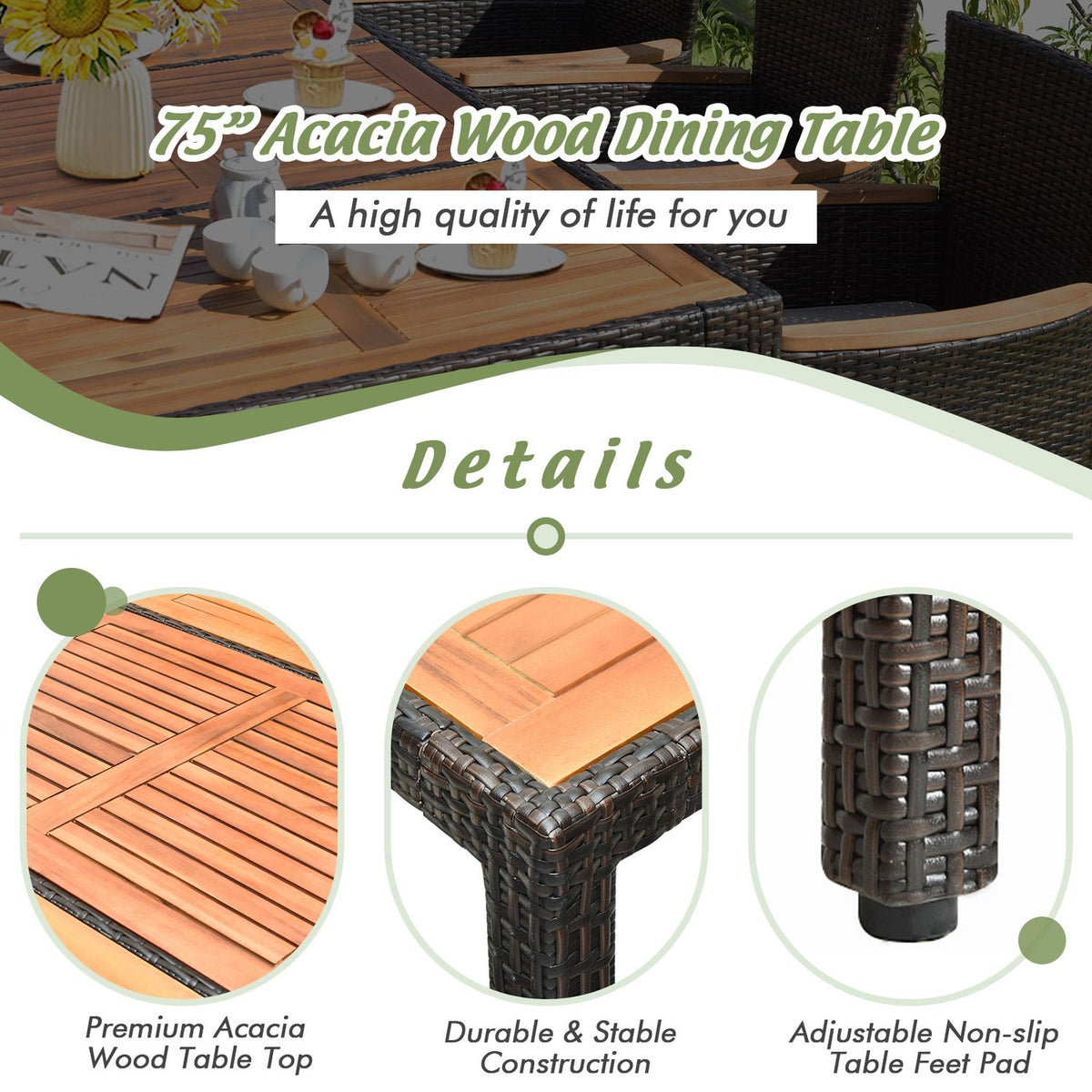 75" Rattan Patio Dining Table Acacia Wood Table for 8 People