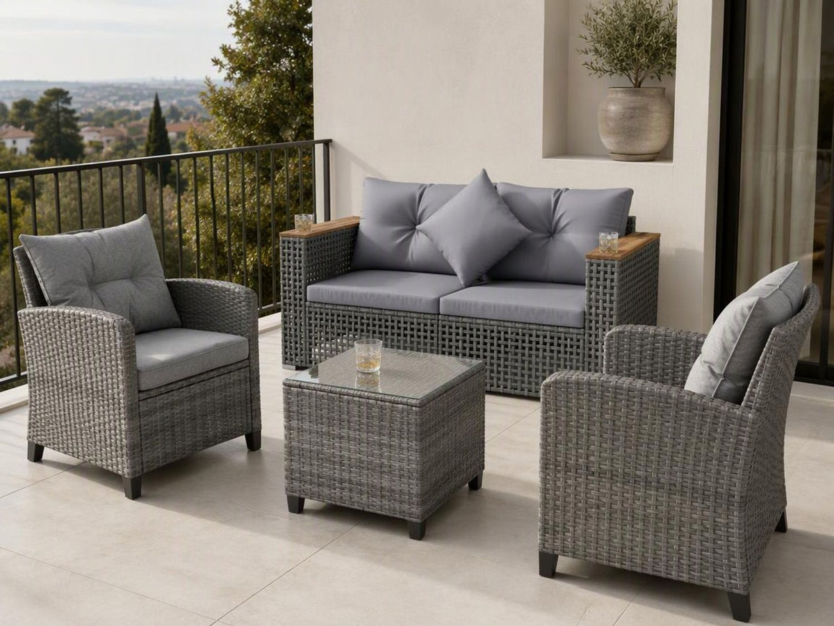 5-Piece Outdoor Rattan Sofa Set with Corner Loveseat  4 Cushioned Seats and Coffee Table