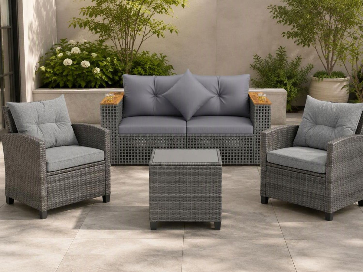 5-Piece Outdoor Rattan Sofa Set with Corner Loveseat  4 Cushioned Seats and Coffee Table