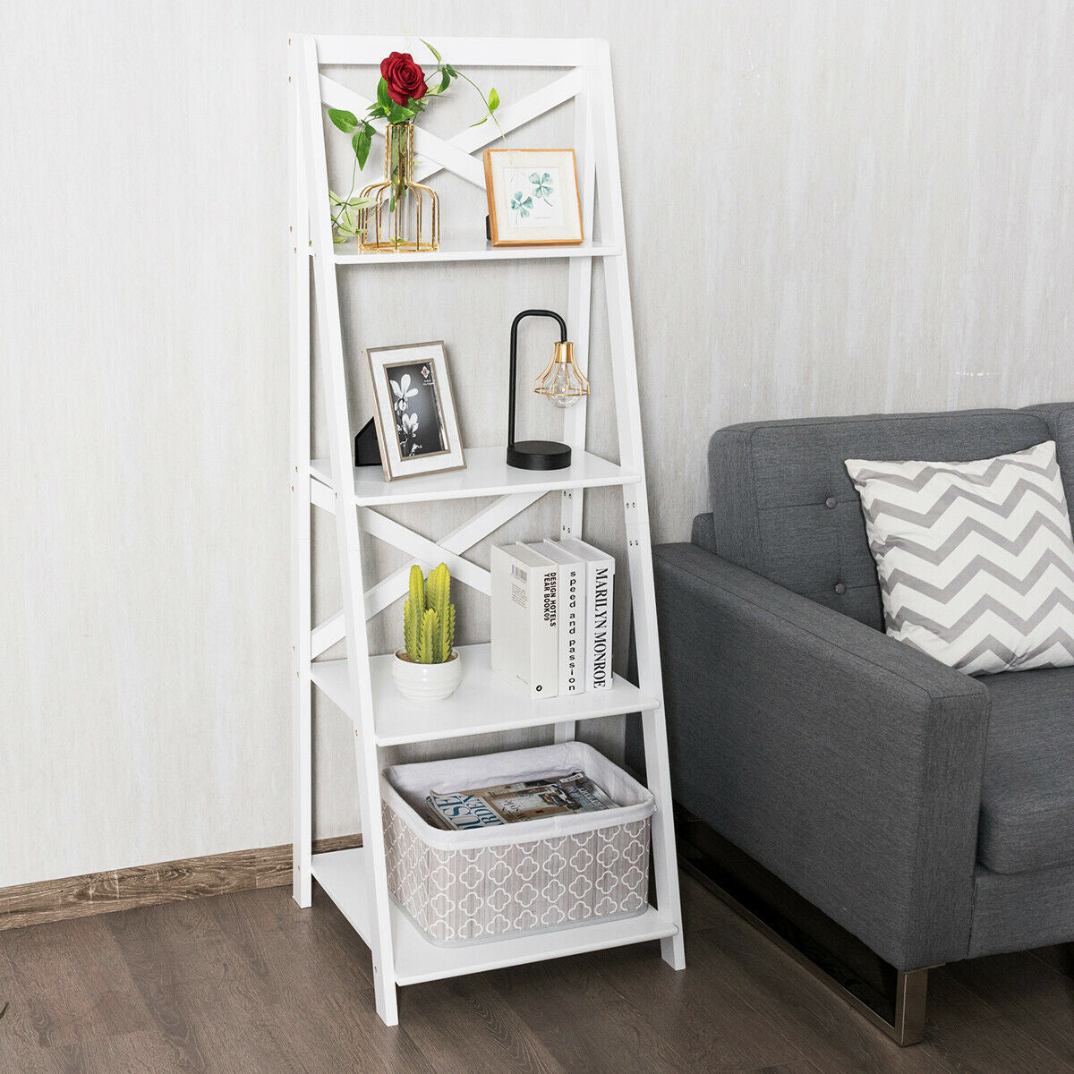 4-Tier Leaning Free Standing Ladder Shelf Bookcase