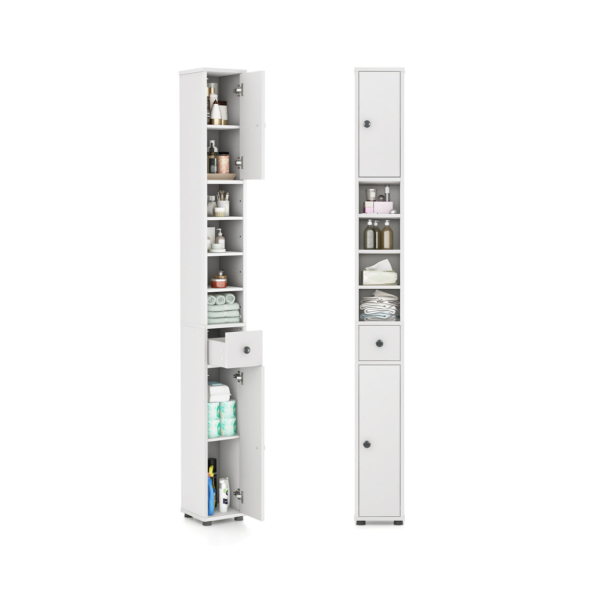 Freestanding Slim Bathroom Cabinet with Drawer and Adjustable Shelves