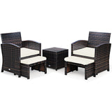 5 Pieces Patio Rattan Furniture Set with Ottoman and Tempered Glass Coffee Table