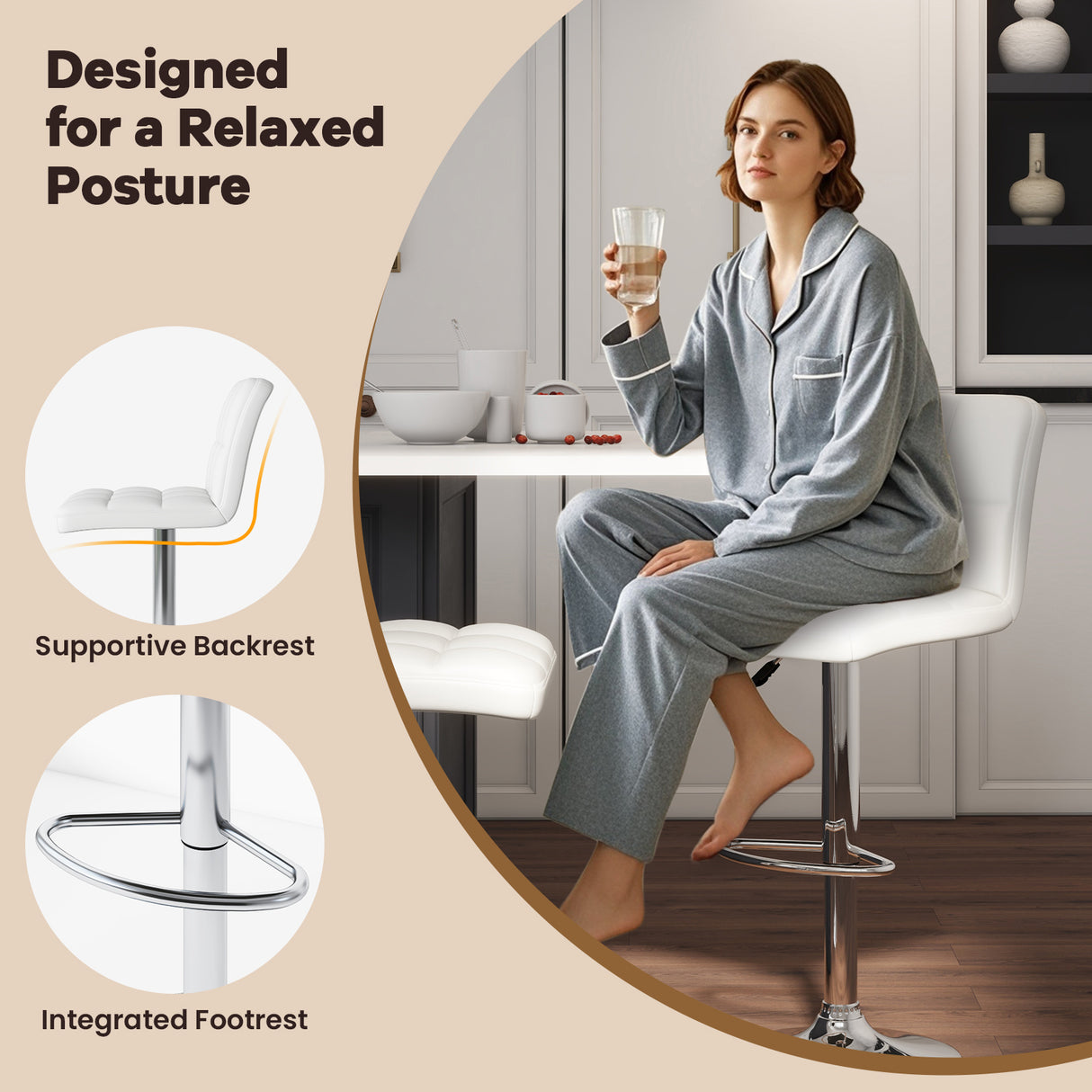 Set of 2 Square Swivel Adjustable PU Leather Bar Stools with Back and Footrest