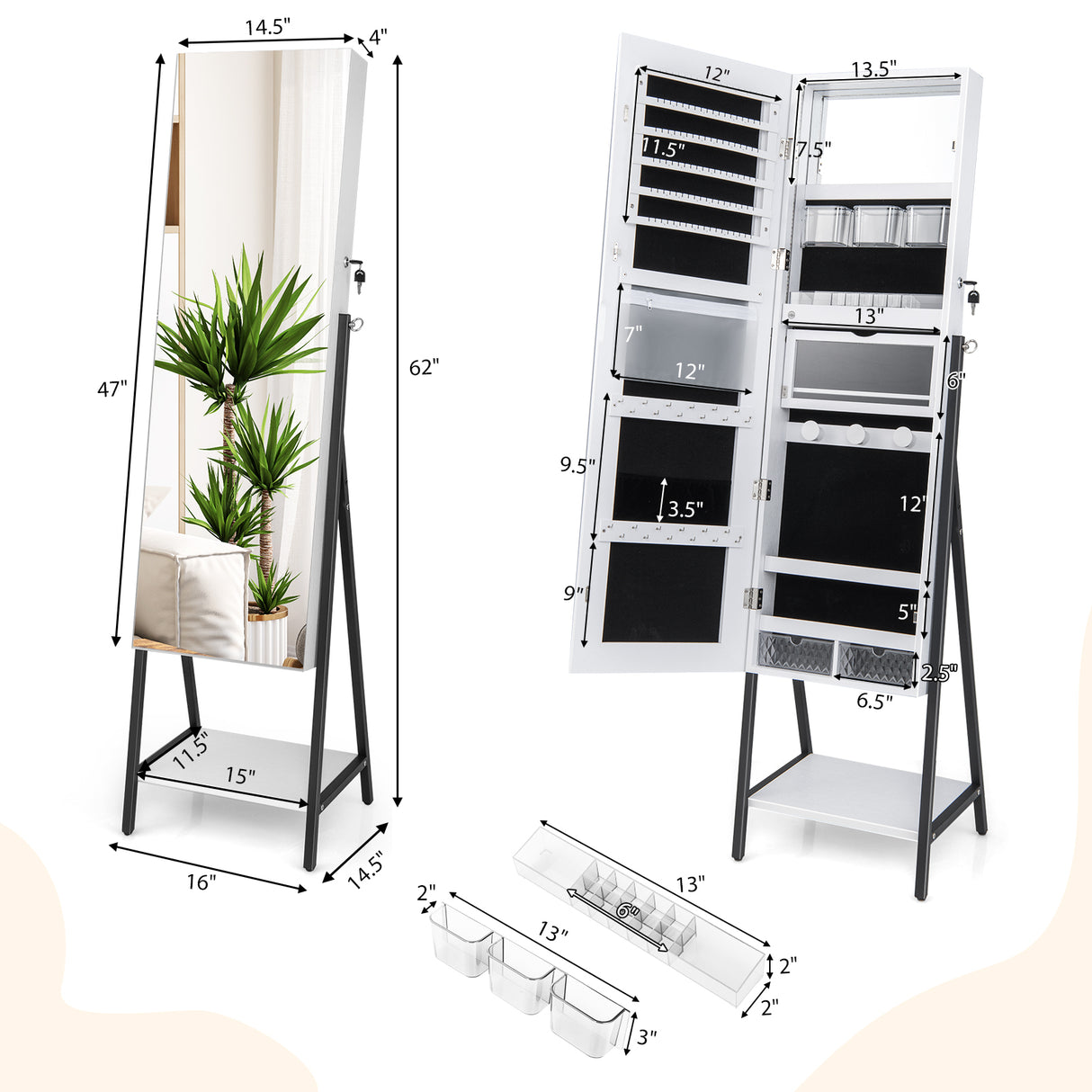 Freestanding Jewelry Cabinet with Full-Length Mirror