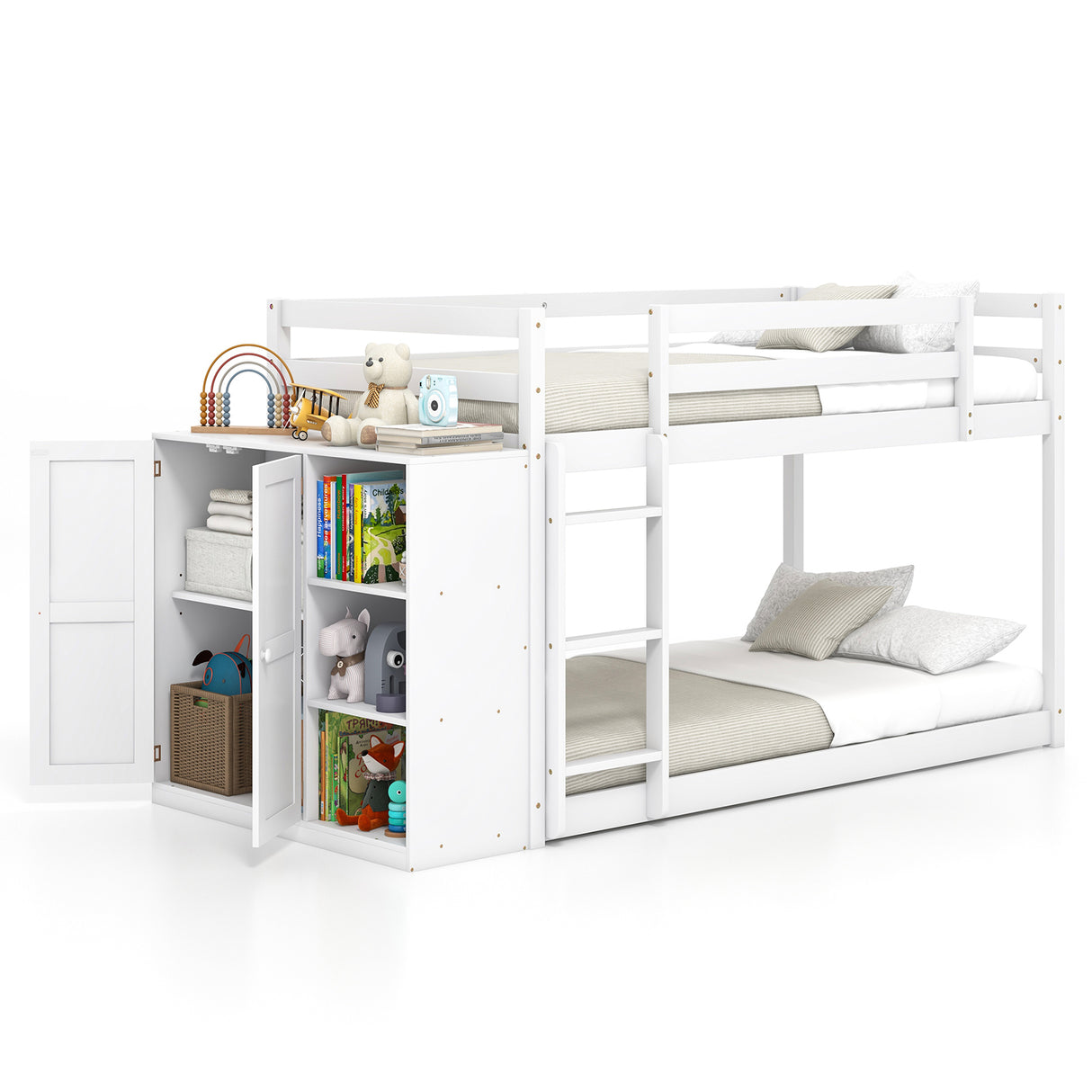 Twin Size Bunk Bed with Convertible Bookcase and Ladder-White