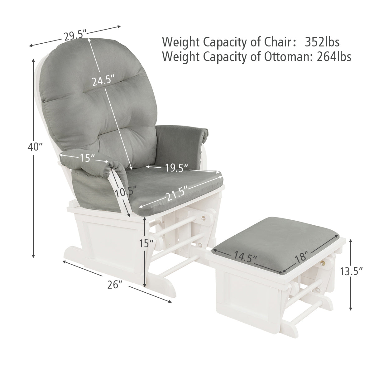 Wood Baby Glider and Ottoman Cushion Set with Padded Armrests for Nursing