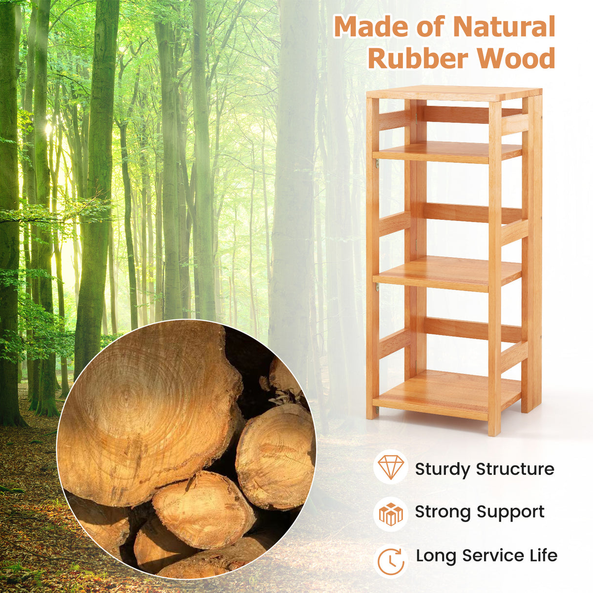 4-Tier Bookshelf Rubber Wood Bookcase with Side Fences for Living Room