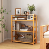 4-Tier Bookshelf Rubber Wood Bookcase with Side Fences for Living Room