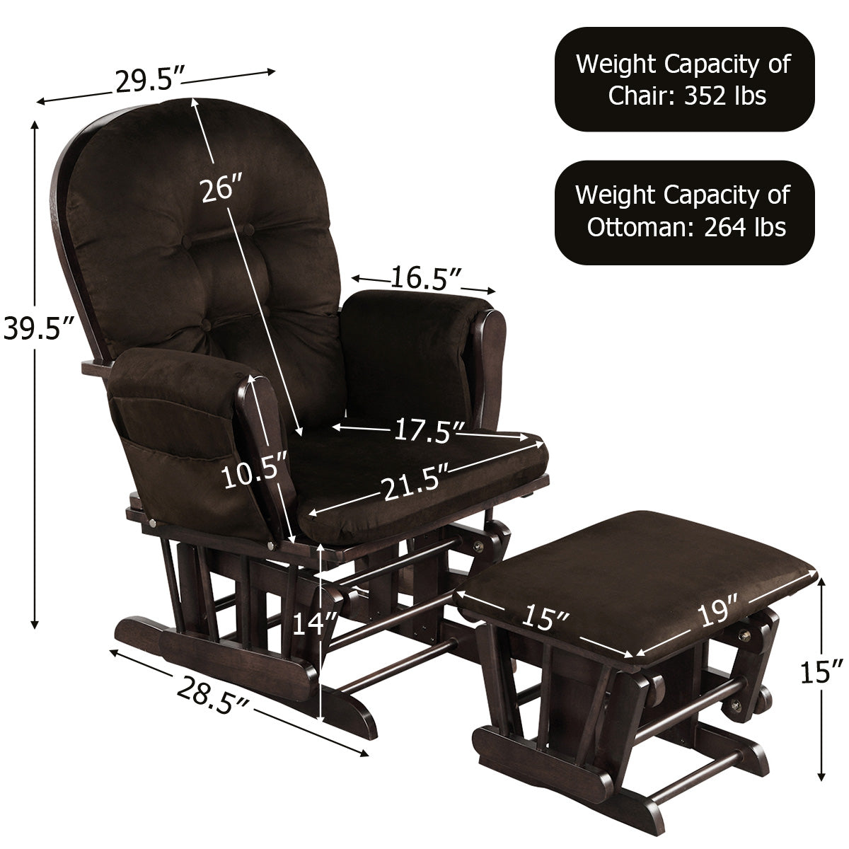 Wood Glider and Ottoman Set with Padded Armrests and Detachable Cushion