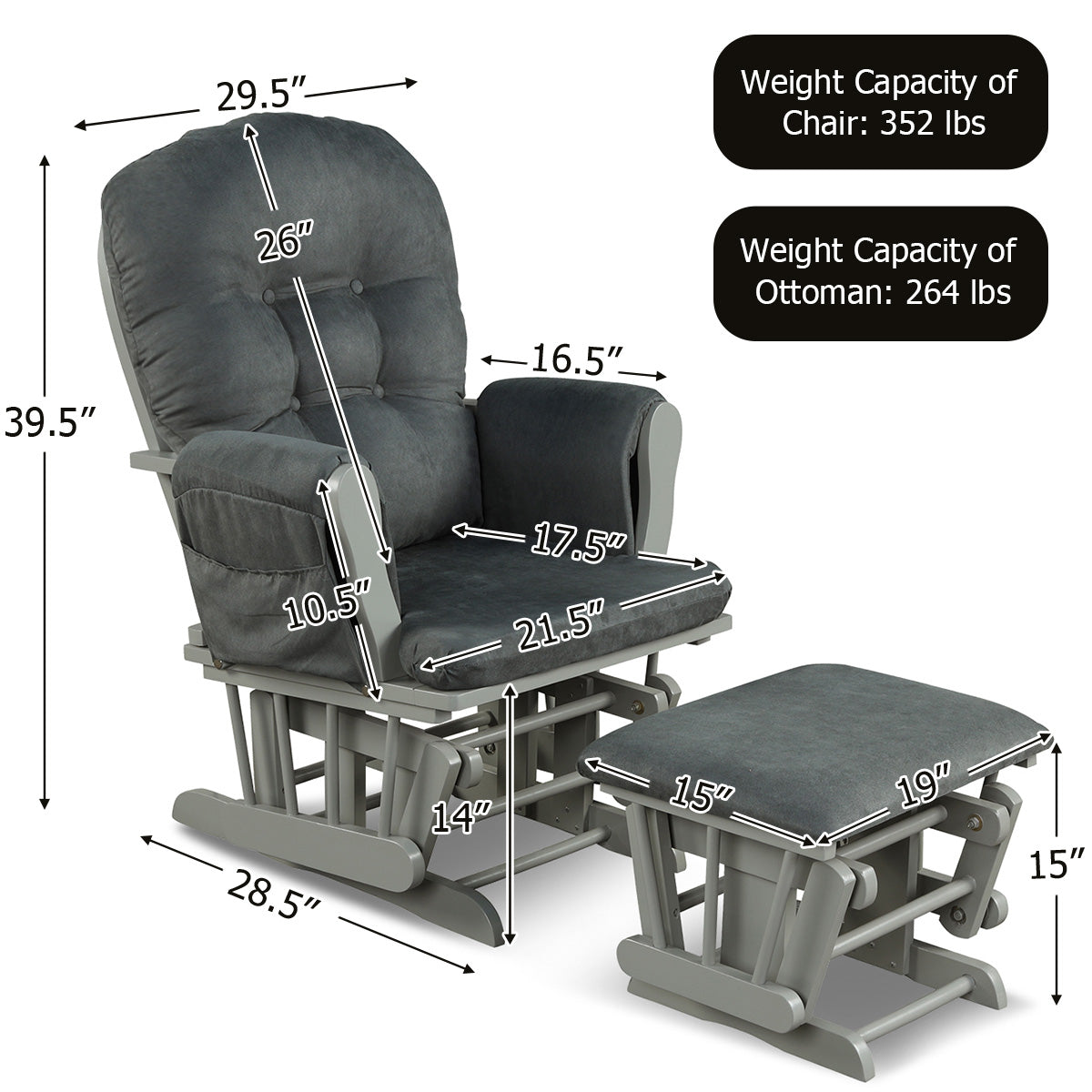 Wood Glider and Ottoman Set with Padded Armrests and Detachable Cushion