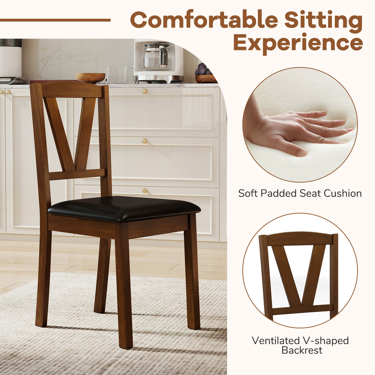 Wooden Dining Chair Set of 2 with PU Leather Upholstered and Rubber Wood Frame-Brown