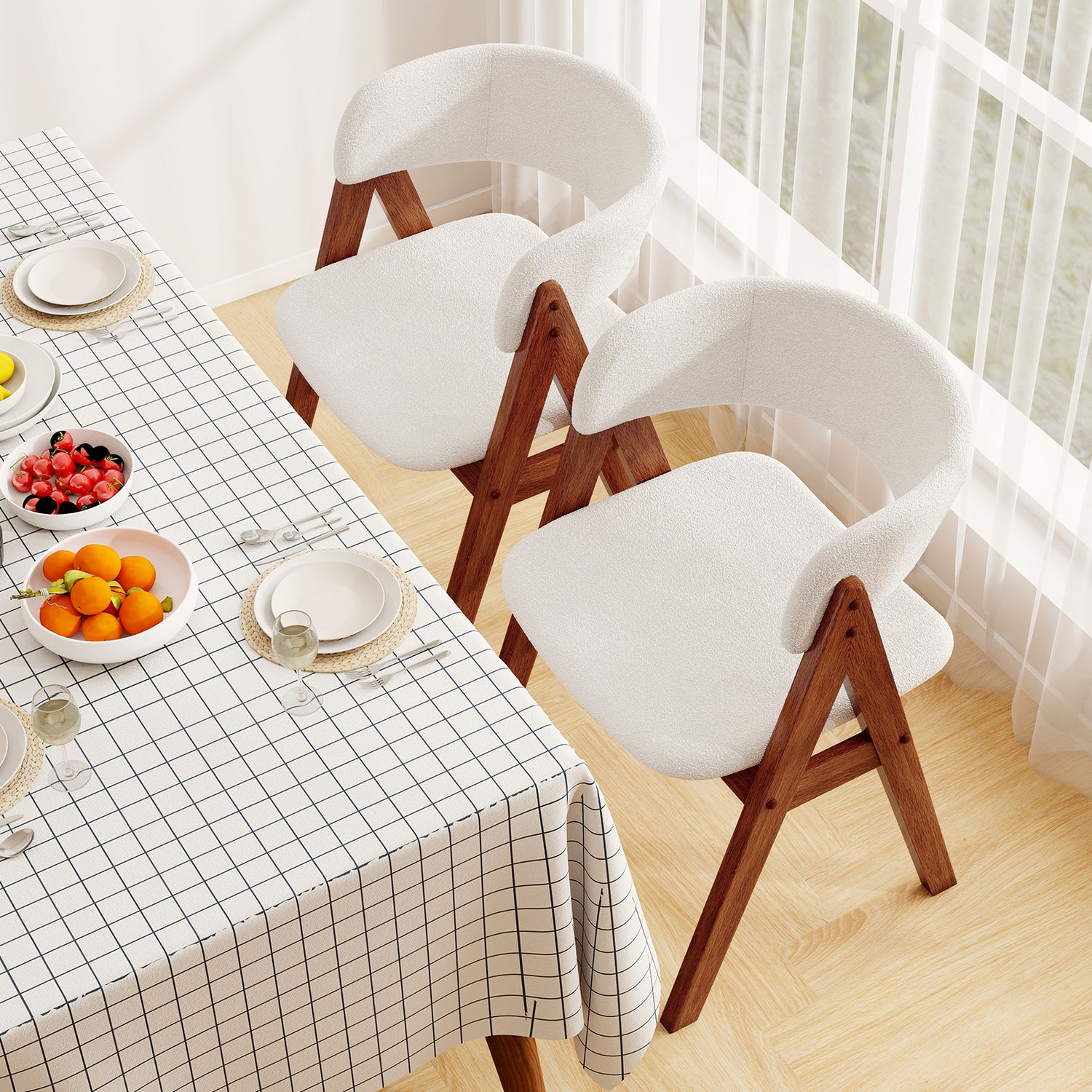 Wooden Dining Chair Set of 4 Mid-Century Modern Sherpa Upholstered Kitchen Dining Room Chairs