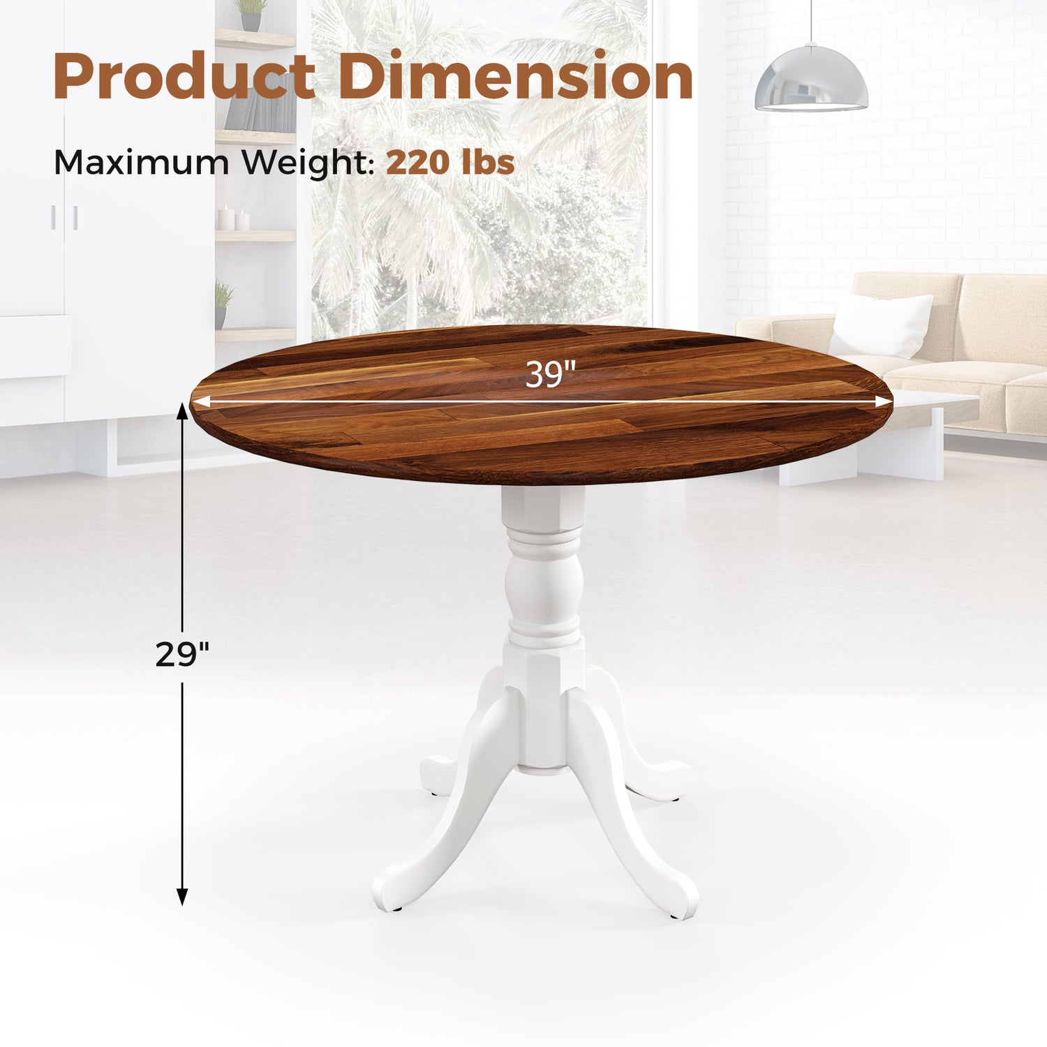 Wooden Dining Table with Round Tabletop and Curved Trestle Legs