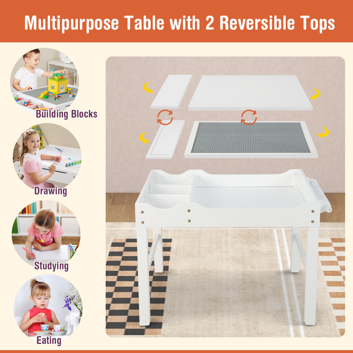 Kids Multi Activity Play Table Wooden Building Block Desk with Storage Paper Roll