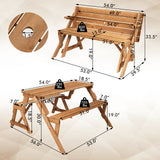 2-in-1 Transforming Interchangeable Wooden Picnic Table Bench with Umbrella Hole-Dark Brown