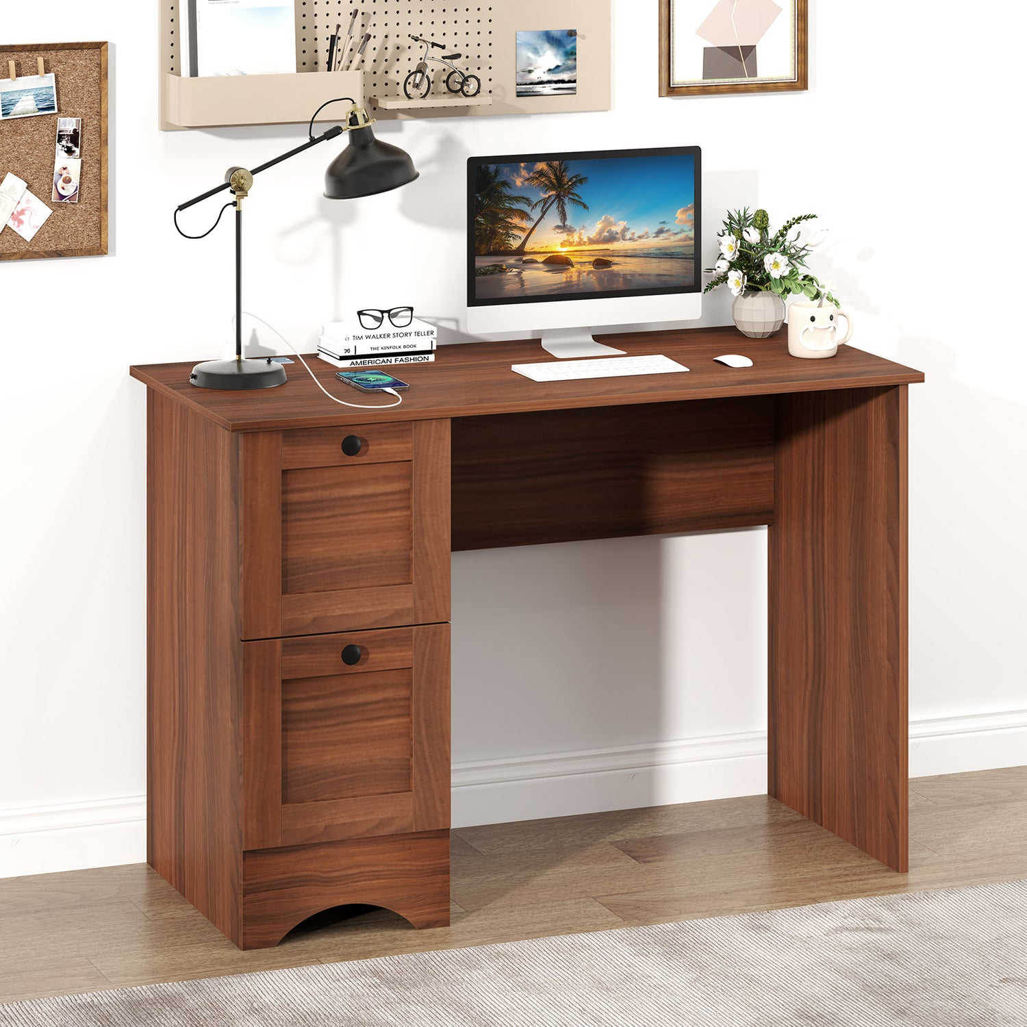 Wooden Vintage Computer Desk with 2 Drawers for Home and Office