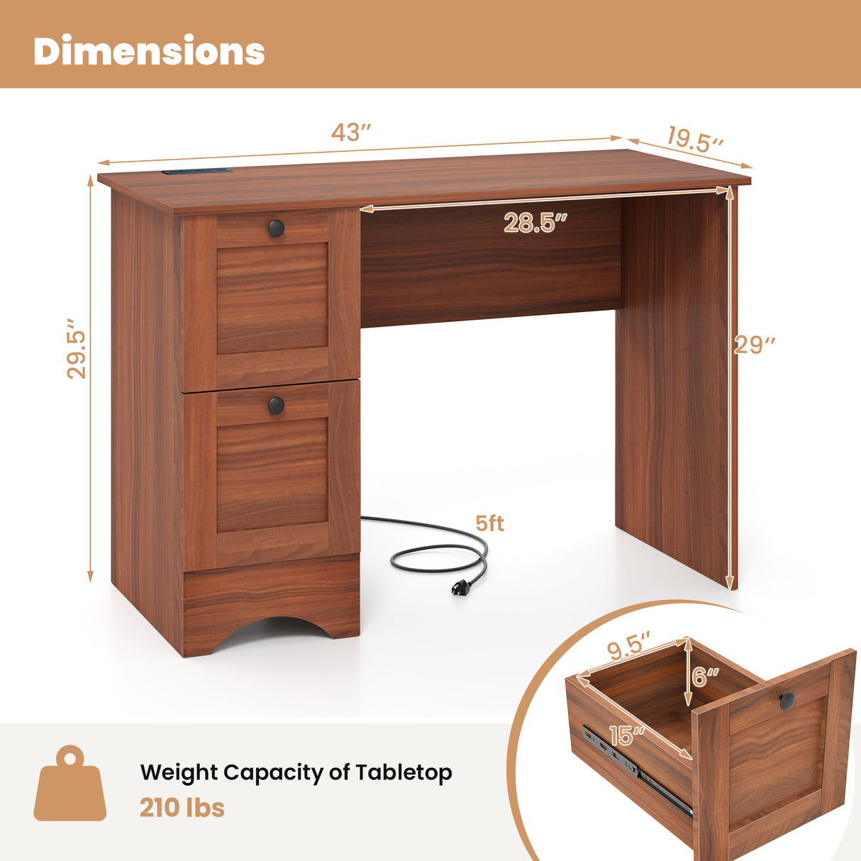 Wooden Vintage Computer Desk with 2 Drawers for Home and Office