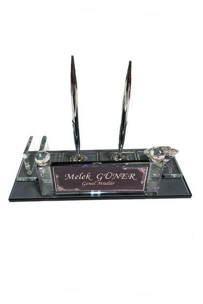 MOOG Black Glass Desk Name Plate With Clock