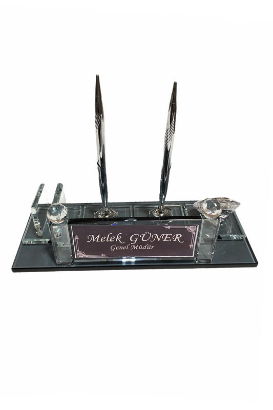 MOOG Black Glass Desk Name Plate With Clock