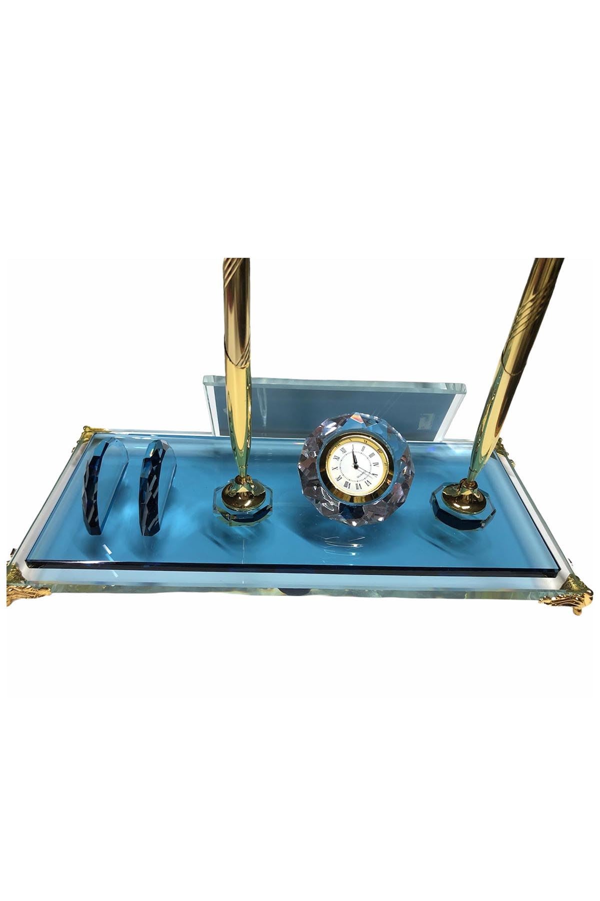MOOG  Blue Glass Desk Name Plate With Clock