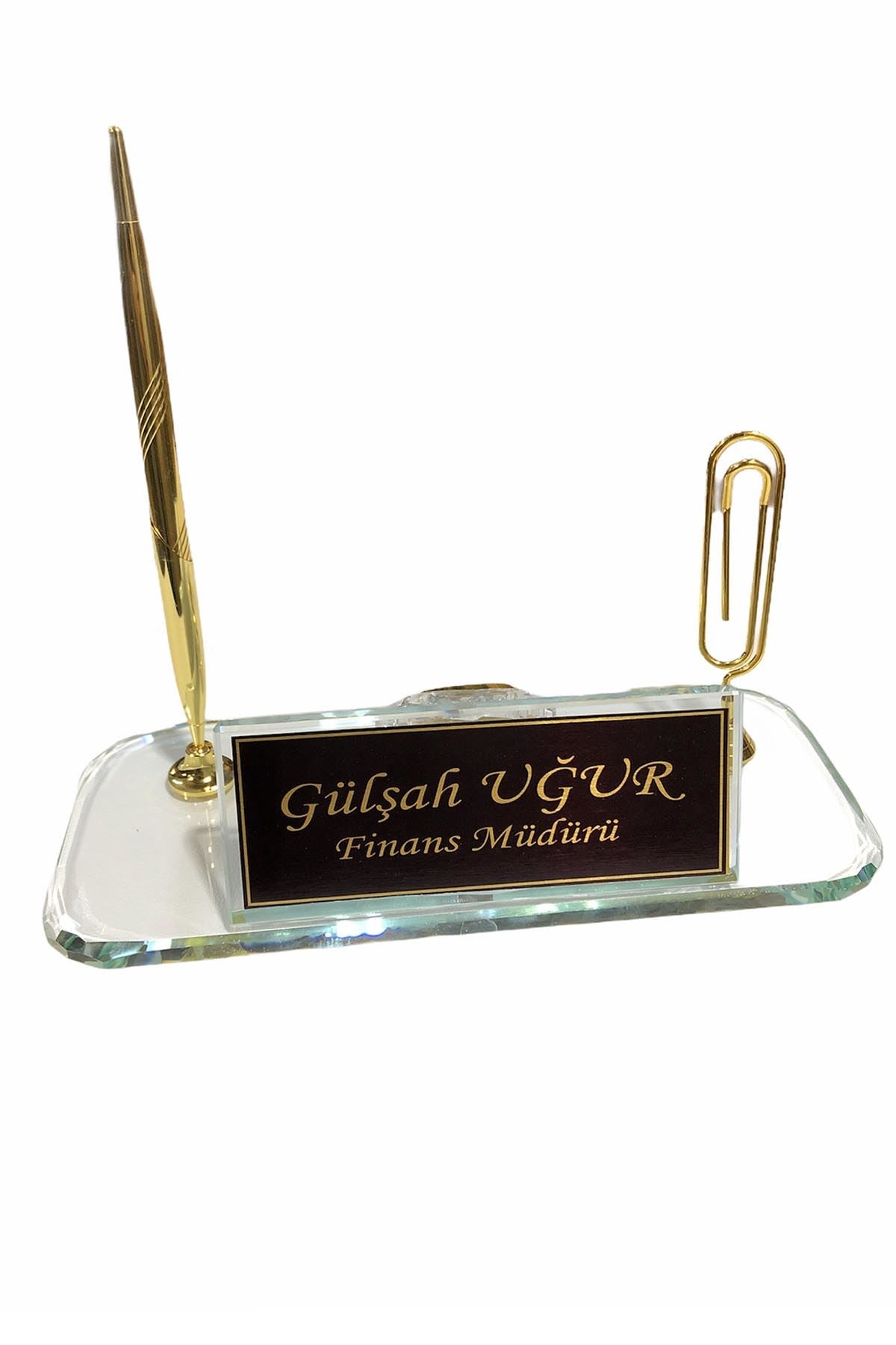 MOOG  Glass Desk Name Plate With Golden Pen