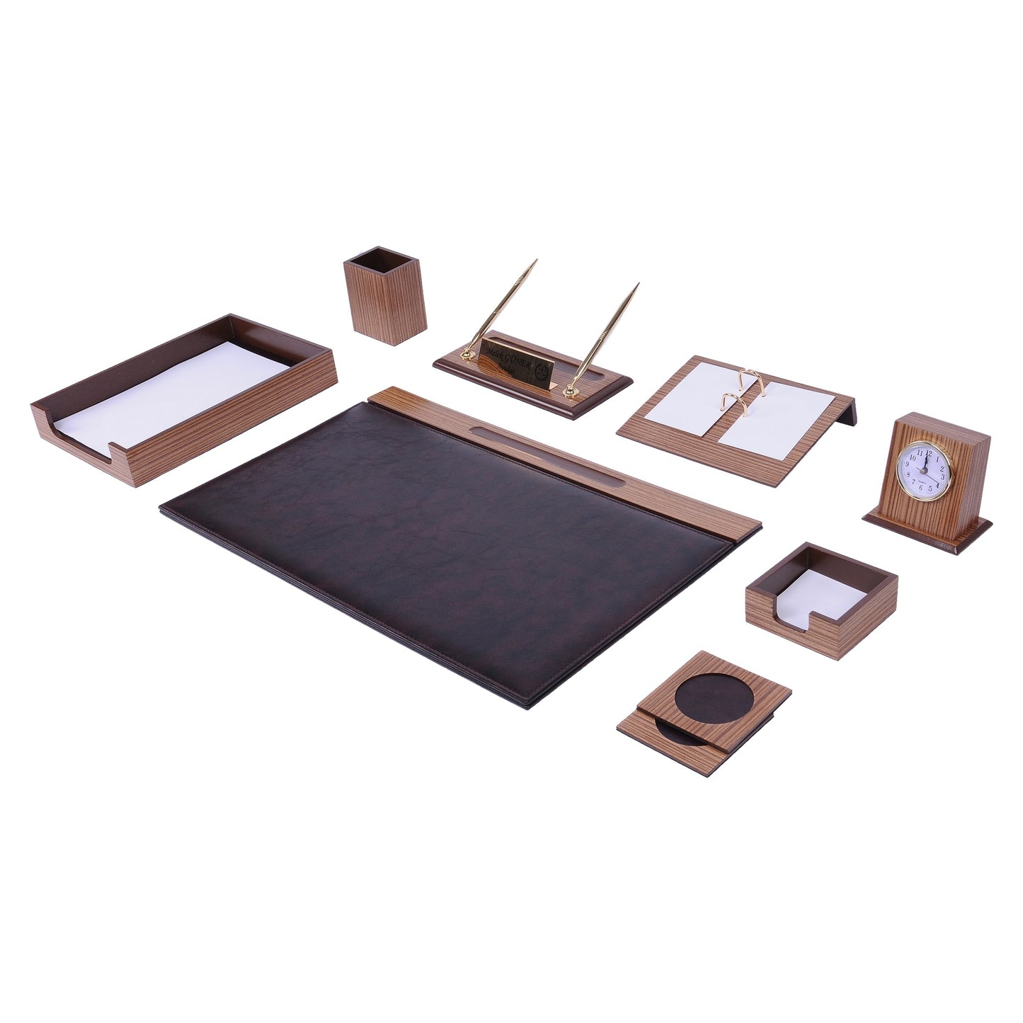 MOOG Zebrona Leather Wood Walnut Desk Set - 11 PCS