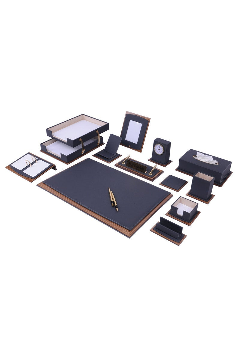 MOOG Star Lux Leather Desk Set -Walnut Wood Combination - Green -14 PCS