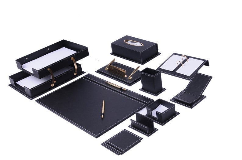 MOOG Leather Desk Set - Office Desk Organizer - Desk Storage - Leather Coaster - Desk accessories - 14 PCS