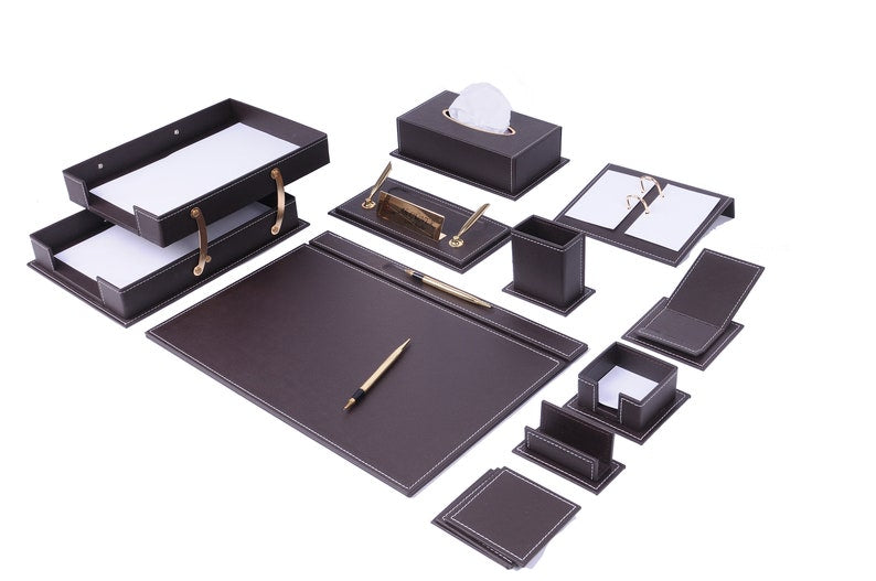 Leather Desk Set 10 Pieces with Single Document Tray Desk Organizer Orange