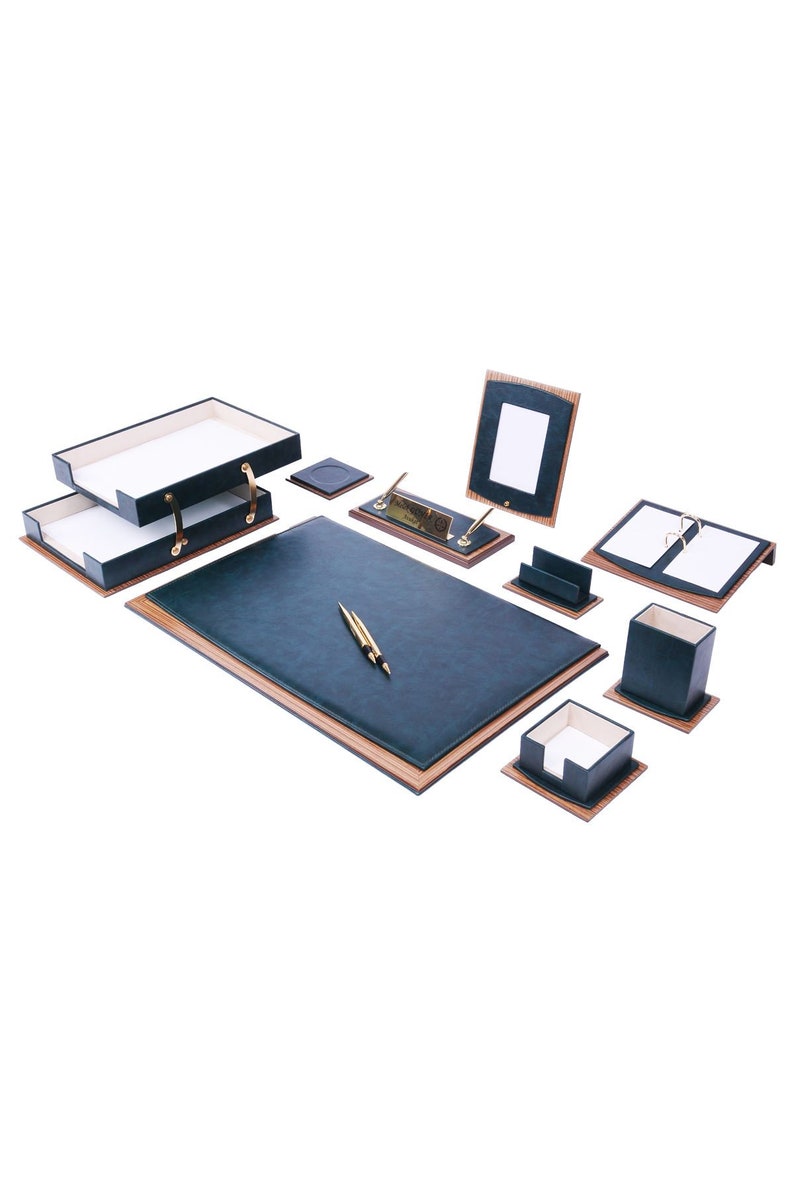 MOOG Personalised Leather Deluxe Desk Set - Office and Business Stationary - Retirement Gift - Wedding Anniversary Present- 11 PCS