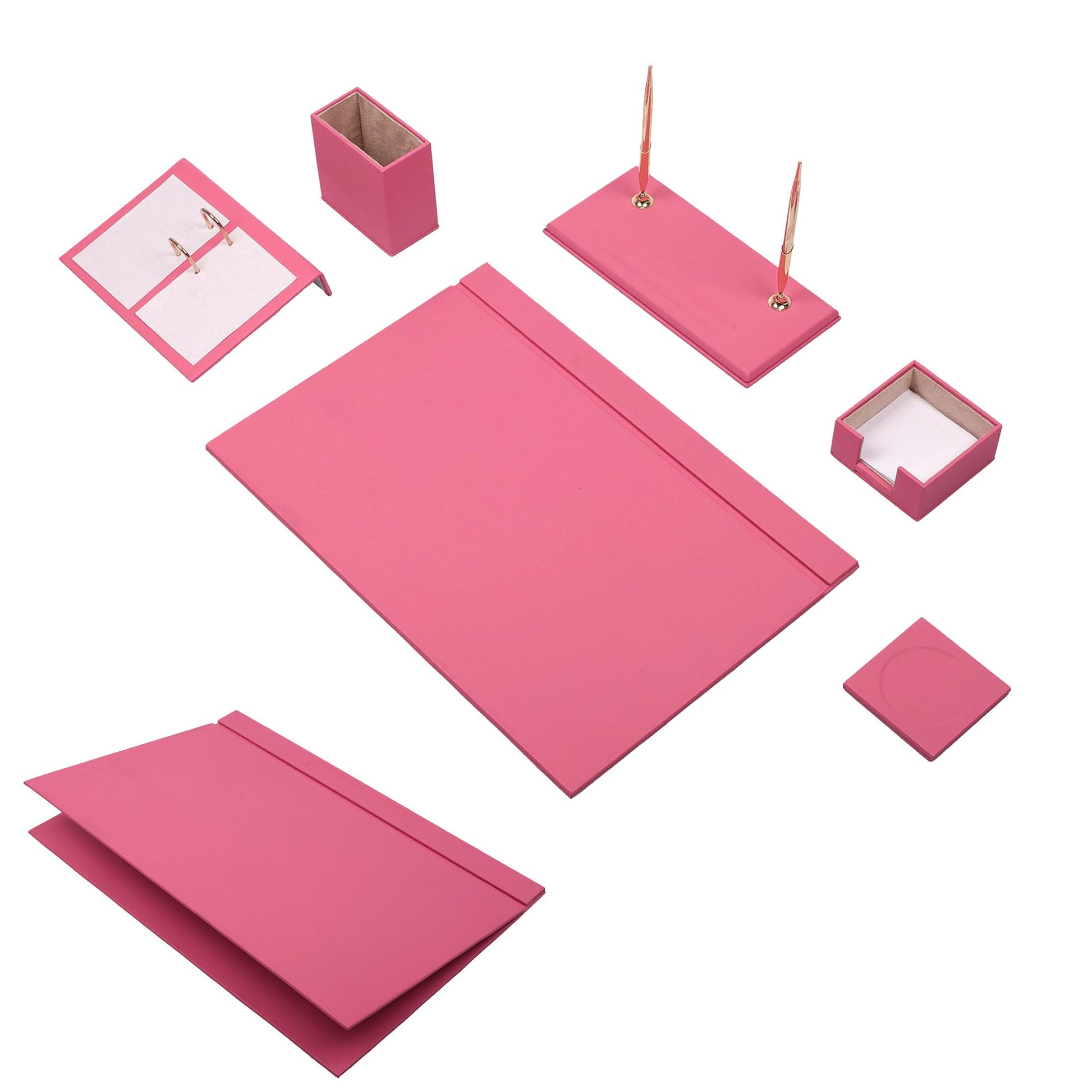 Women's pink leather desk table SET - 8 pcs office accessories